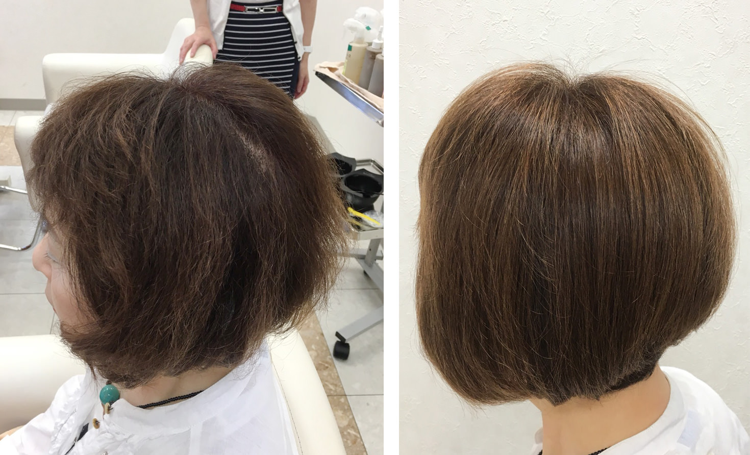 画像:加齢による『髪質変化』でクセが強くなり傷んだように見える70歳女性の髪、サイドの施術前(左)施術後(右)